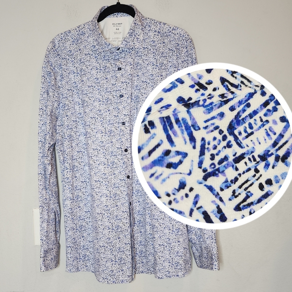 Olymp 24/Seven blue black white long sleeve button shirt men's size 44